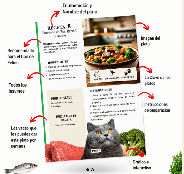 Ejemplo de receta para gatos con ingredientes e instrucciones